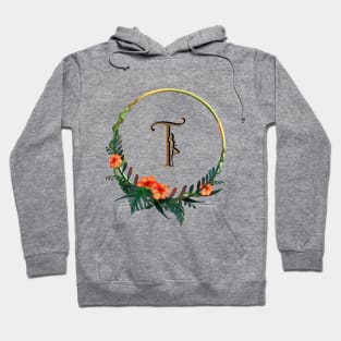 Letter t in circular frame with girl figure and tropical flowers Hoodie